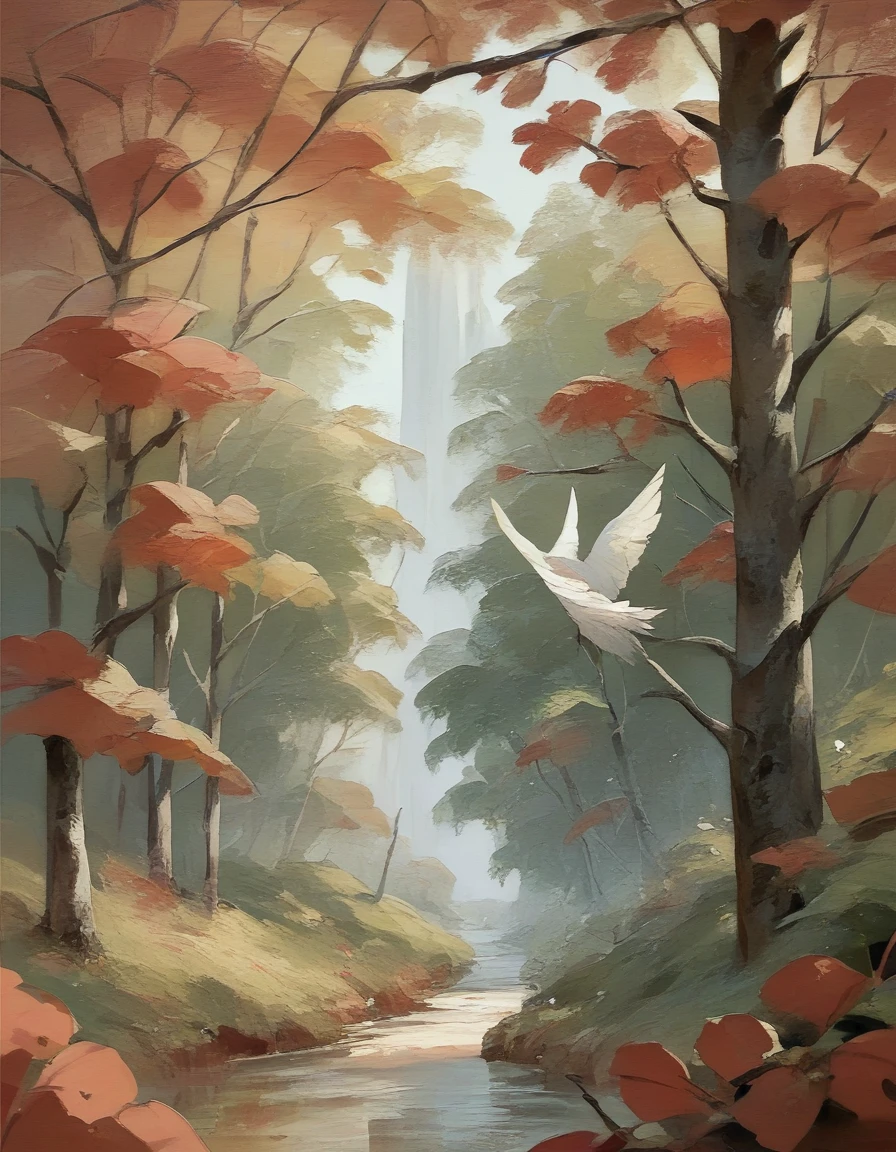 anime girl with white hair and red eyes with white wings walking on a tree branch in the sky