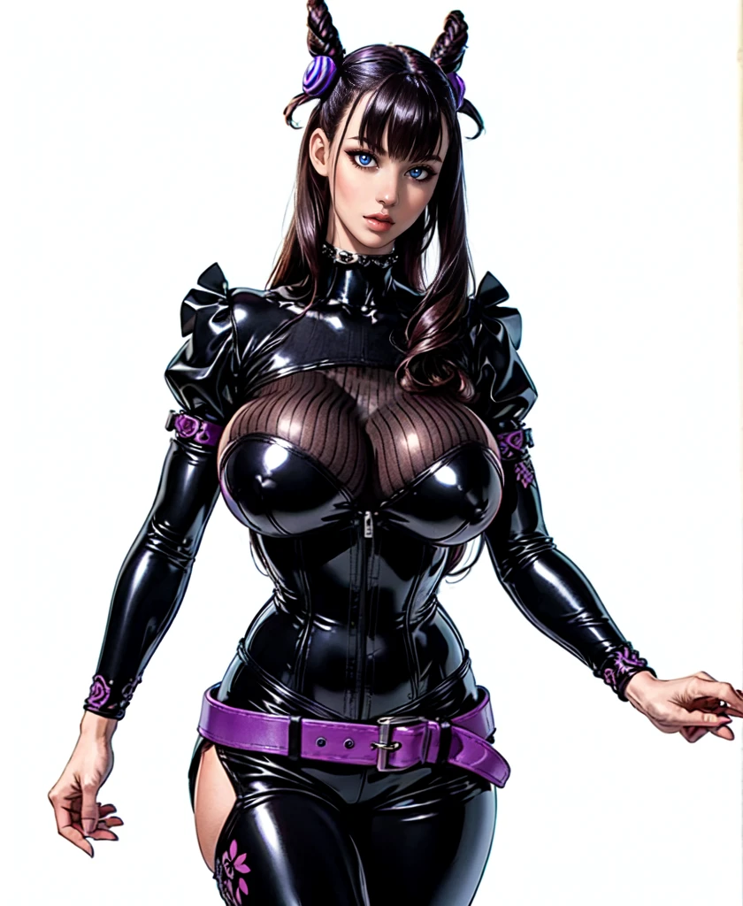 1girl,murasakishikibu, murasaki shikibu, brown hair, (purple eyes:1.1), long hair, big breast,black latex corset, black latex bodysuit,long latex sleeves, blakc latex trousers, purple belt, puffy sleeves, purple gemstone, sleeves past wrists, cone hair bun, double bun, hair bun, hair ornament, long hair, two side up,BREAK (masterpiece:1.2),(beautiful detailed eyes:1.6), black longboots, (perfect hands, perfect anatomy), walking