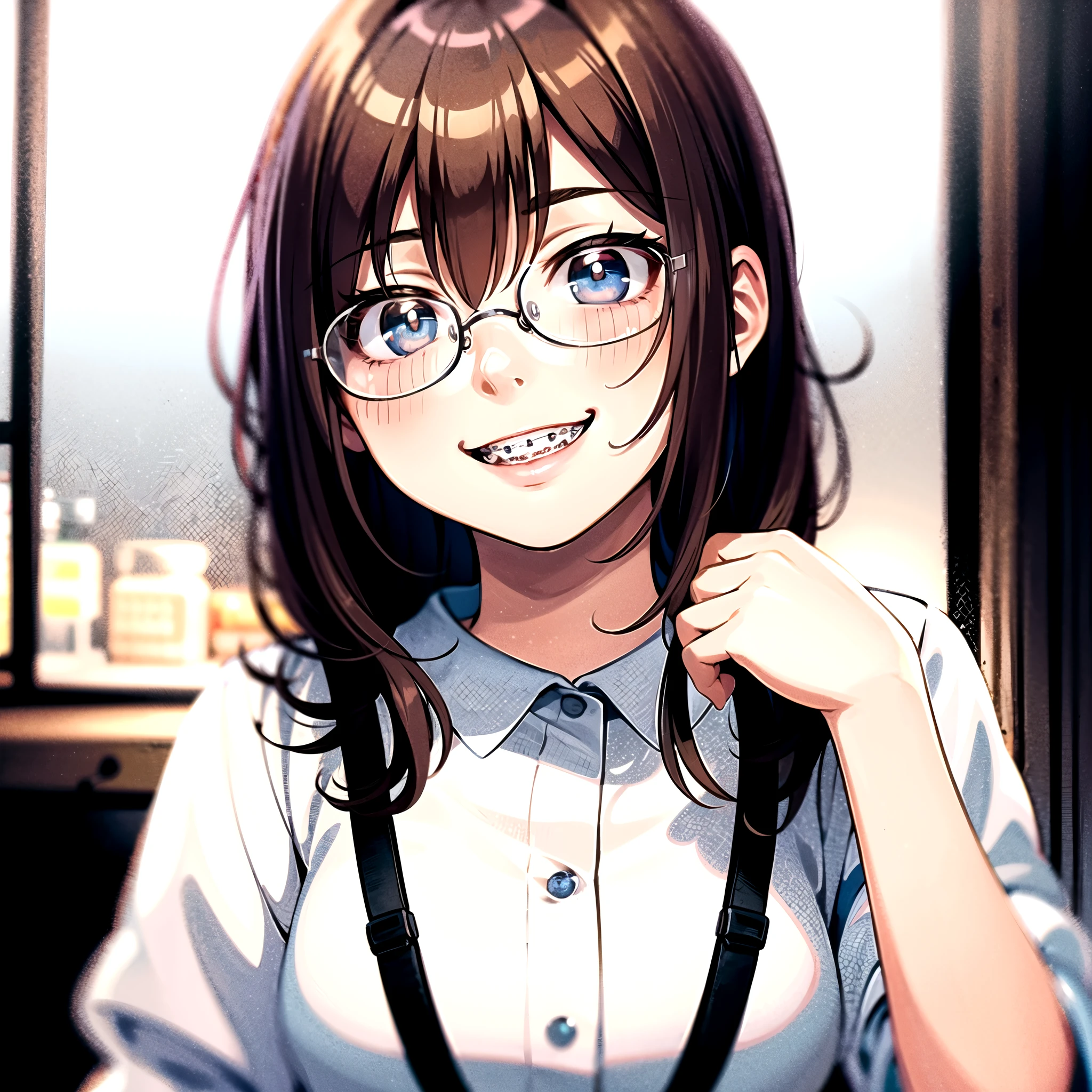 1girl, seductive eyes, braces, glasses, smiling, cute, face focus, blue eyes, blush, brown hair, best quality, masterpiece, highres
