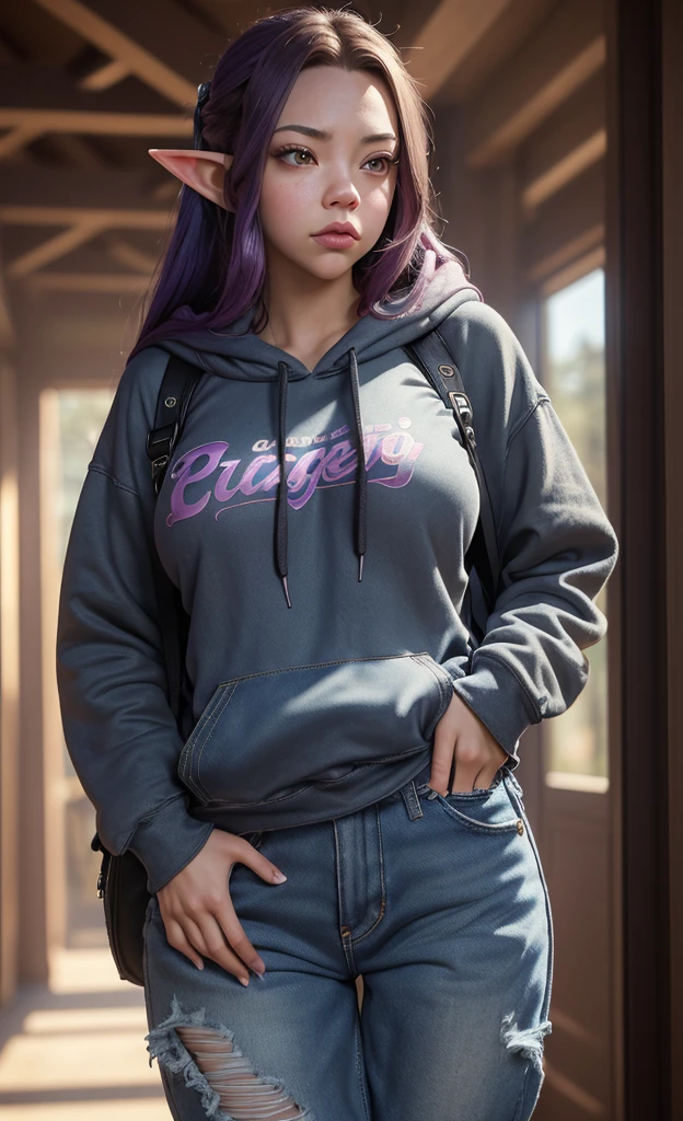 (masterpiece), (extremely intricate:1.3), (realistic), portrait of a girl, huge and perfect breasts, the most beautiful in the world, dark eyebrows, bright purple hair, (sydney sweeney:1.3), scowl, (annoyed pout:1.2), blushing heavily, (oversized baggy cosy hoodie), (ripped baggy jeans), (canvas sneakers), (backpack), (elf ears:1.1), detailed textures, indoors, bright sunlight, classroom hallway, professional photograph of a stunning woman detailed, looking at the camera, alluring stare, detailed eyes, sharp focus, dramatic, award winning, cinematic lighting, octane render unreal engine, volumetrics dtx, (film grain, blurry background, blurry foreground, bokeh, depth of field, motion blur:1.3)