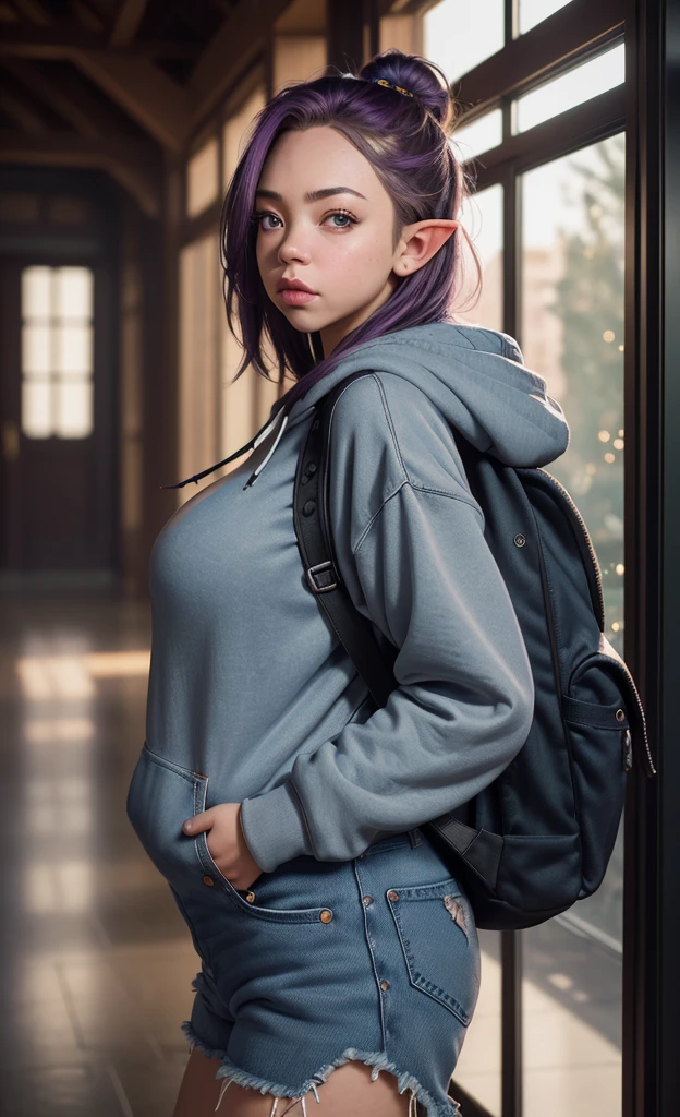 (masterpiece), (extremely intricate:1.3), (realistic), portrait of a girl, huge and perfect breasts, the most beautiful in the world, dark eyebrows, bright purple hair, (sydney sweeney:1.3), scowl, (annoyed pout:1.2), blushing heavily, (oversized baggy cosy hoodie), (ripped baggy jeans), (canvas sneakers), (backpack), (elf ears:1.1), detailed textures, indoors, bright sunlight, classroom hallway, professional photograph of a stunning woman detailed, looking at the camera, alluring stare, detailed eyes, sharp focus, dramatic, award winning, cinematic lighting, octane render  unreal engine,  volumetrics dtx, (film grain, blurry background, blurry foreground, bokeh, depth of field, motion blur:1.3)