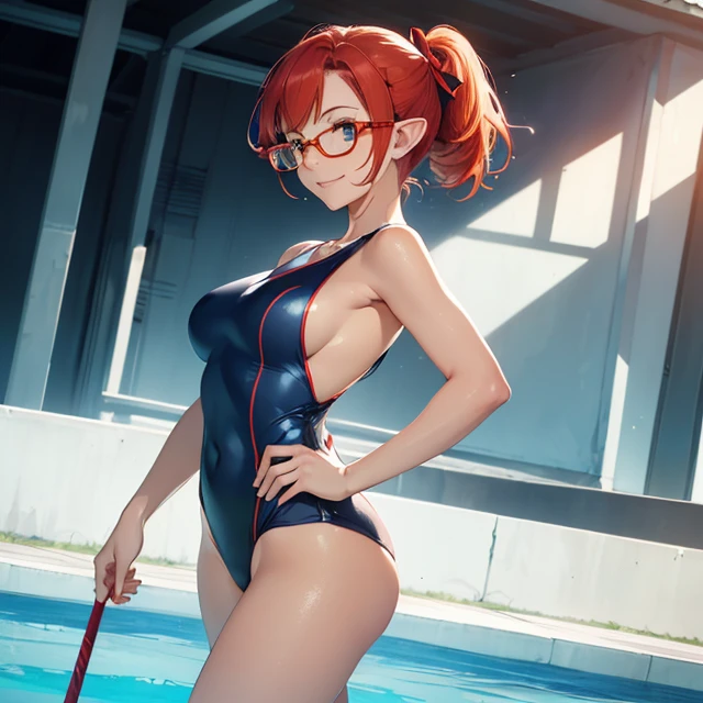 (best high quality image, very detailed clean image, carefully detailed image, carefully detailed character, solo alone character, no deformities in background and character, full character view and design)
{{(1woman 50 years old milf elf citizen), (crimson red hair tied in a ponytail with a pale white beautiful ribbon, fair skin, light blue green eyes, thin lips, medium big breasts, big butt, beautiful legs, short pointed ears with tiny orange gems, joy smile, happy expression, walking outside)), ((dark blue square glasses), (white one-piece swimsuit)), (pool outside)}}