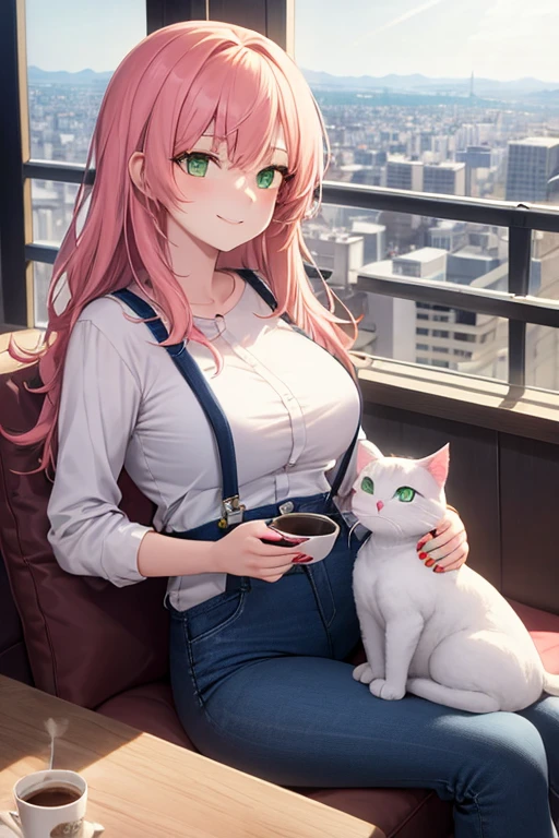 anime girl 26 years old yellow blouse suspenders blue denim pants landscape luxurious apartment looking out the window towards a night city with pale pink hair green eyes and a white cat on her lap blue nails white walls cup of coffee on the table cat looking at the girl smiling