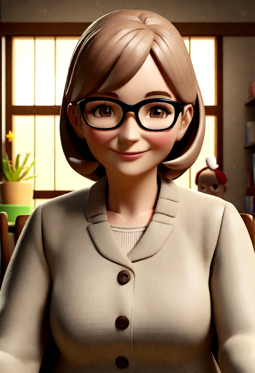 Create a 3d -Pixar style cartoon scene, Where a woman, with straight light brown hair, 50 years old, glasses She is smiling, in the background png
