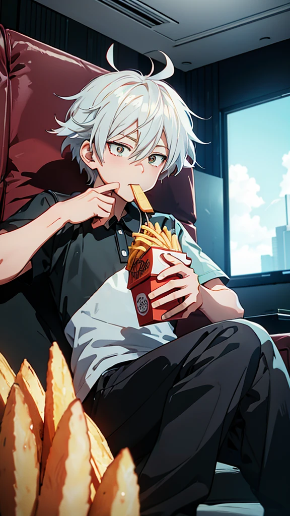anime boy eating a box of fries while sitting on a couch, with index finger, kaworu nagisa, anime food, relaxed dwarf with white hair, 🍁 cute, cute anime, official art, with fries, ❤🔥🍄🌪, eating chips and watching tv, nagito komaeda, pin on anime, anime boy, 8k!