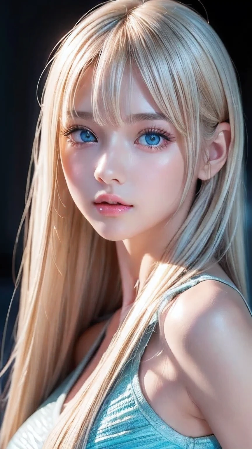 Dressed、(Photorealistic:1.4)、(ハイパーRealistic:1.4)、(Realistic:1.3)、(Smooth lighting:1.05)、(Improved cinematic lighting quality:0.9)、32k、1 Girl、A beautiful woman、Very cute expression、A beautiful *********** blonde girl、bangs that fall on the face、Bangs left over the eyeessy bangs between the eyes and nose、Realistic top lighting、Backlight、Face Light、Super long silky platinum hair、Blonde rays、(Bright light:1.2)、(quality improvement:1.4)、(Highest quality realistic textured skin:1.4)、Very beautiful, detailed, shiny, very bright, mint blue, large eyes、Very big eyes、Detailed face、A careful eye for quality、(Tired, sleepy and satisfied: 0.0)、Face close up、T-Shirts、(Enhances the body line:1.1)、(Enhances the beauty of skin texture:1.1)、Cheek gloss highlighter、Small Face Beauty、Round face