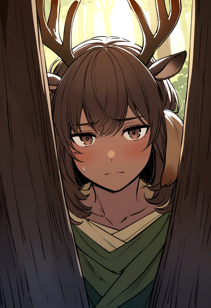 Dark-skinned man, brown eyes, long brown hair with deer ears and antlers hiding behind a tree in a forest, watching someone with a shy expression on his face 