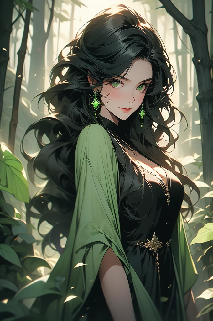 1girl, , black dress, dark forest, night, shovel over shoulder, long black hair, green eyes, smirk, sorceress