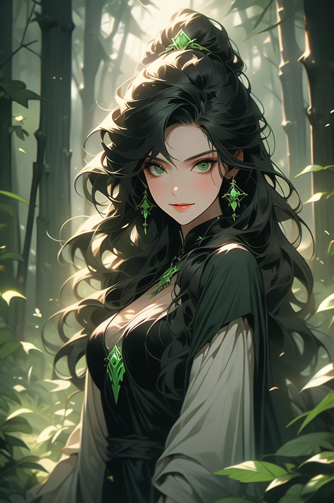 1girl, , black dress, dark forest, night, shovel over shoulder, long black hair, green eyes, smirk, sorceress