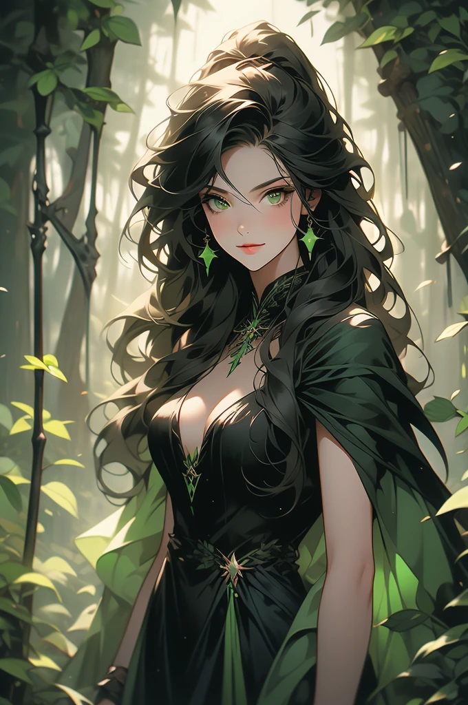 1girl, , black dress, dark forest, night, shovel over shoulder, long black hair, green eyes, smirk, sorceress