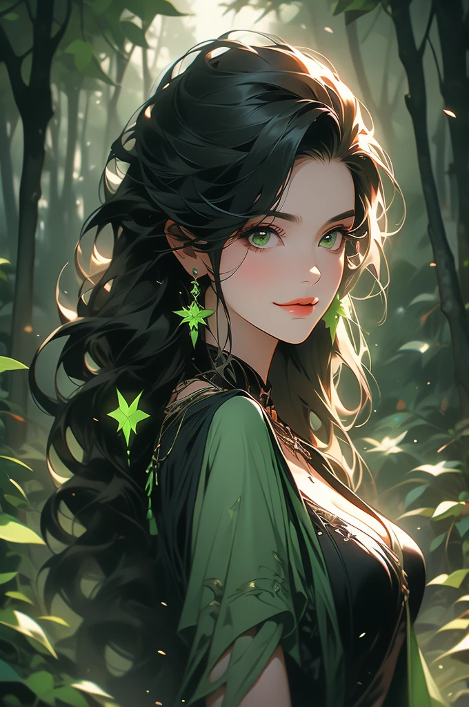 1girl, , black dress, dark forest, night, shovel over shoulder, long black hair, green eyes, smirk, sorceress
