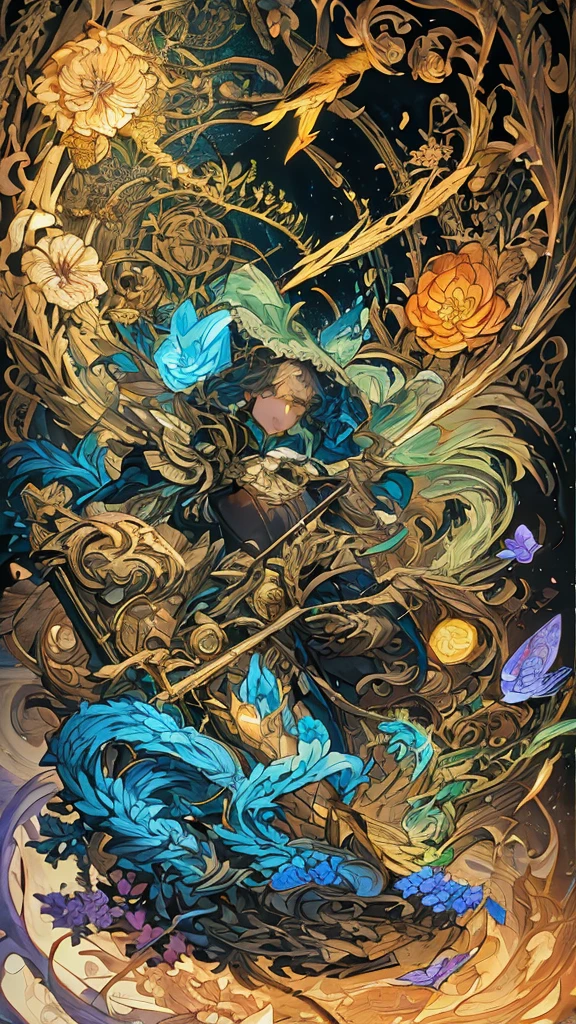 neutral and blank background, just on the right margin presence of a image showing flowers,is bird’s, a quill-pen and antics books in a magical atmosphere.