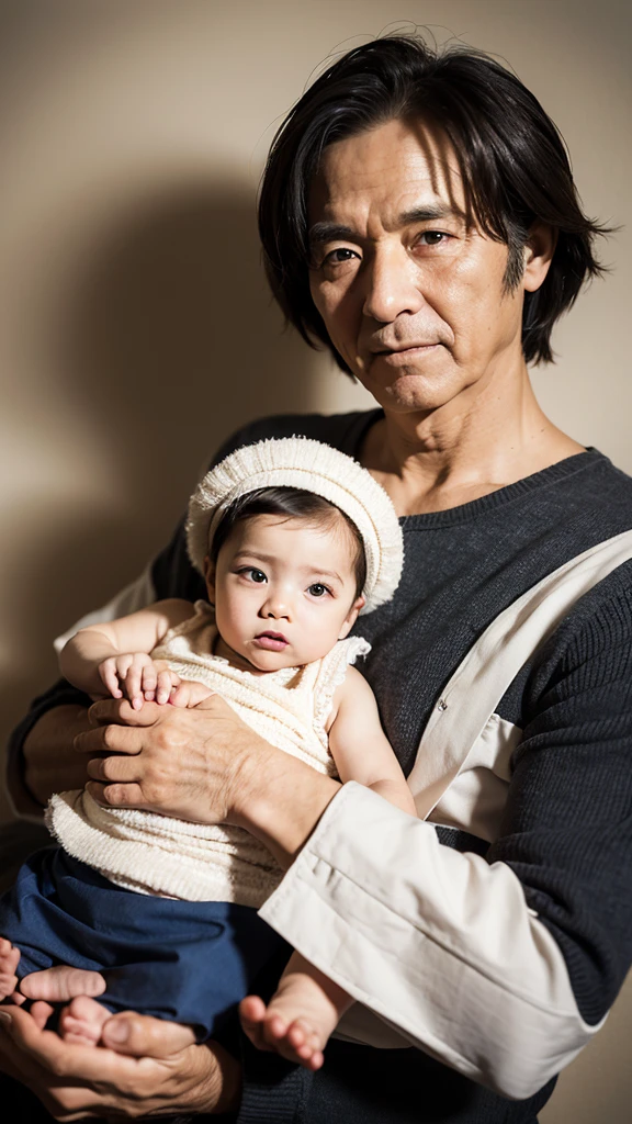 Grandfather and grandmother holding  grandson realistic photo 