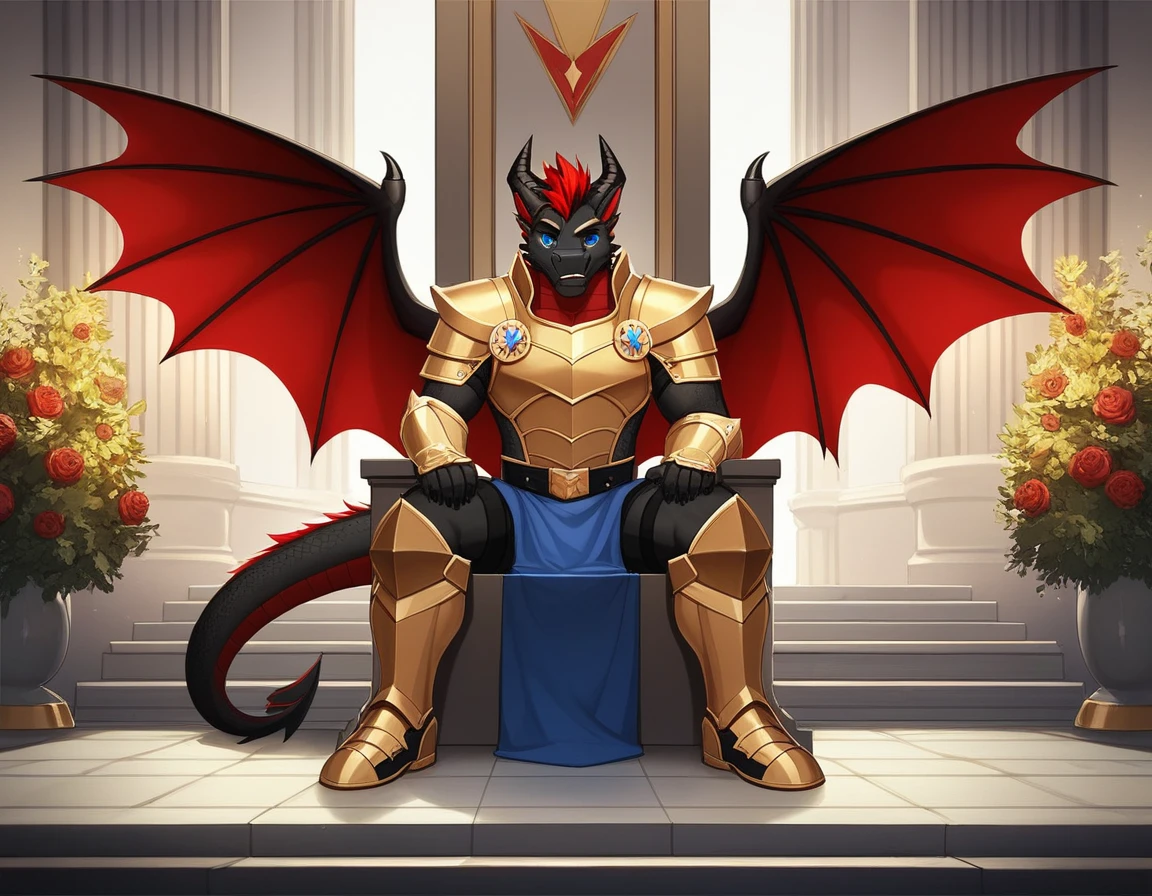 Duo, Score_9, score_8_up, score_7_up, source_cartoon, Anthro male, A black dragon, black dragon with red highlights on scales, black and red wings, blue eyes, short red hair, standing, wearing knights armor, kneeling in front of a king, in a castle courtroom, an Anthro king dragon sitting on a throne in front of him,
