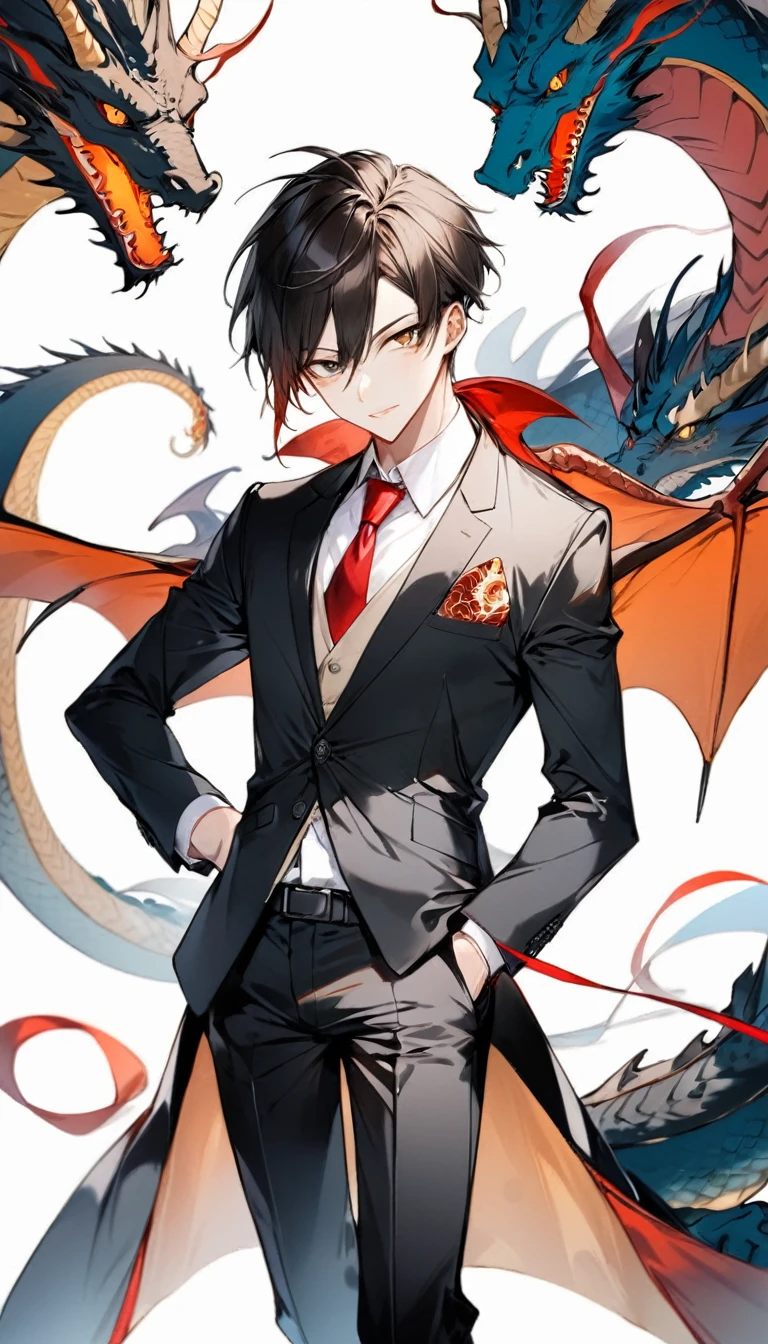homme anime en costume et cravate avec un dragon en arrière-plan, costume inspiré du dragon, par Yang J., fusion humain et dragon, beau garçon démon japonais, beau mec dans l'art du tueur de démons, portrait épique et classe, tendance sur artstation, par Oliver Sin, tenue cramoisie, costume noir et rouge, fanart exquis très détaillé, beau vampire mâle