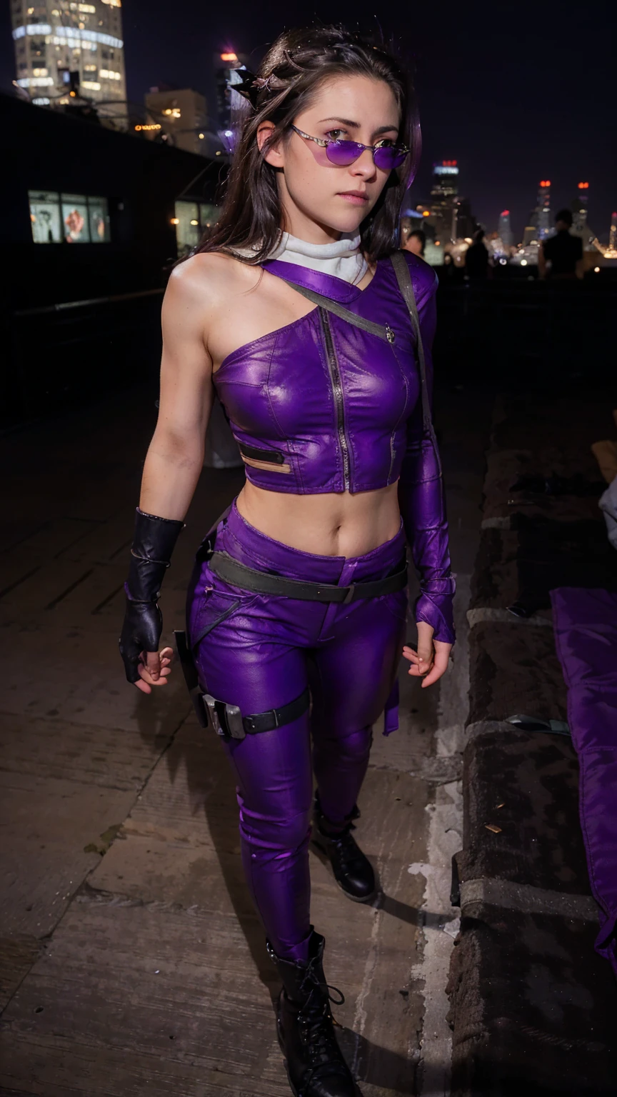 (masterpiece), (photorealistic1.4), (1 girl), (solo), (best quality), (epiCRealLife), (Kate Bishop long hair), (sleeveless top), (kateb2023 black utility belt), (kateb2023 purple costume), (purple pants) (kateb2023 purple sleevless bodysuit), (sks woman, Kristen Stewart, white scarf),(white scarf), (kateb2023 purple sunglasses) (bare shoulder), (night time), (kateb2023 wearing black boot), (elbow gloves), (abs), (flash photography), (flashphoto), (outdoor), , (sunset), (look at viewers),(light smile), , standing on new york city rooftop), (from side), (city landscape), (close up)