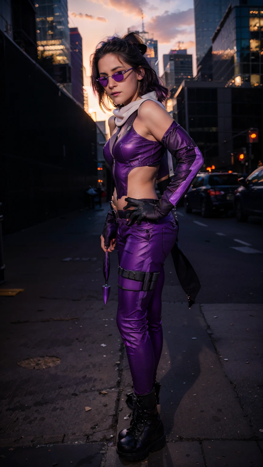 (masterpiece), (photorealistic1.4), (1 girl), (solo), (best quality), (epiCRealLife), (Kate Bishop long hair), (sleeveless top), (kateb2023 black utility belt), (kateb2023 purple costume), (purple pants) (kateb2023 purple sleevless bodysuit), (sks woman, Kristen Stewart, white scarf),(white scarf), (kateb2023 purple sunglasses) (bare shoulder), (night time), (kateb2023 wearing black boot), (elbow gloves), (abs), (flash photography), (flashphoto), (outdoor), , (sunset), (look at viewers),(light smile), , standing on new york city rooftop), (from side), (city landscape), (close up)