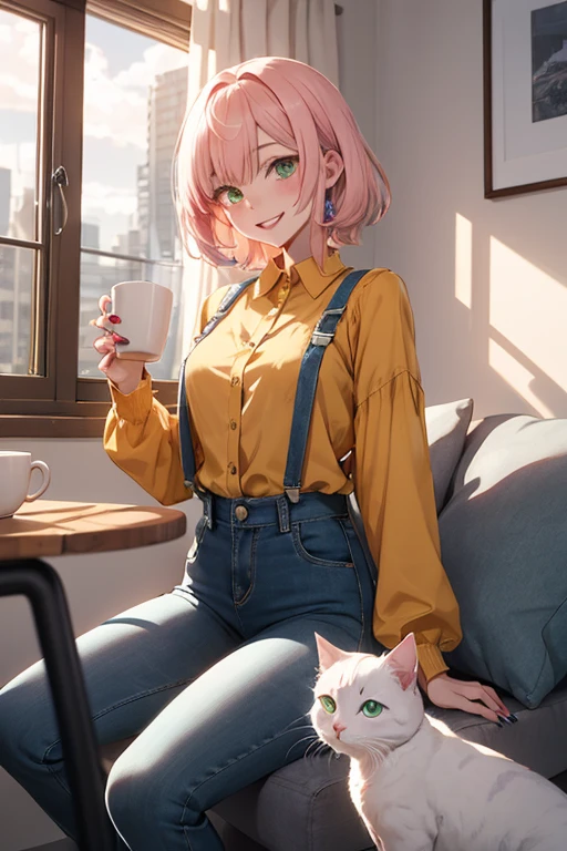 anime girl 26 years old yellow blouse suspenders blue denim pants landscape luxurious apartment looking out the window towards a night city with pale pink hair green eyes and a white cat on her lap blue nails white walls cup of coffee on the table cat looking at the girl smiling