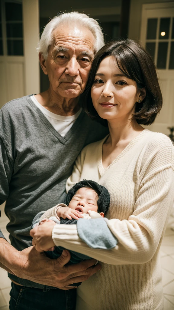 Grandfather and grandmother holding baby grandson realistic photo