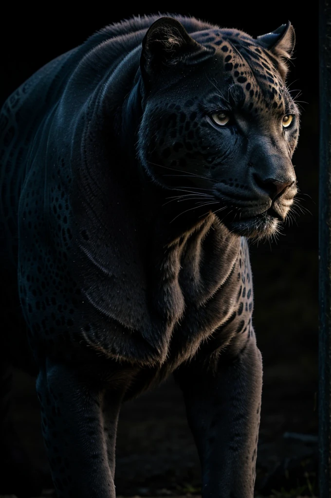 "A majestic black jaguar appears in the darkness, with its shiny and muscular coat. Despite having some visible scars on its body, its stance reflects an unyielding strength and a determined spirit to move forward. Its red eyes shine intensely in the gloom, projecting a fierce and determined gaze. The background is dark and shadowy, creating an atmosphere of mystery and highlighting the imposing figure of the jaguar."