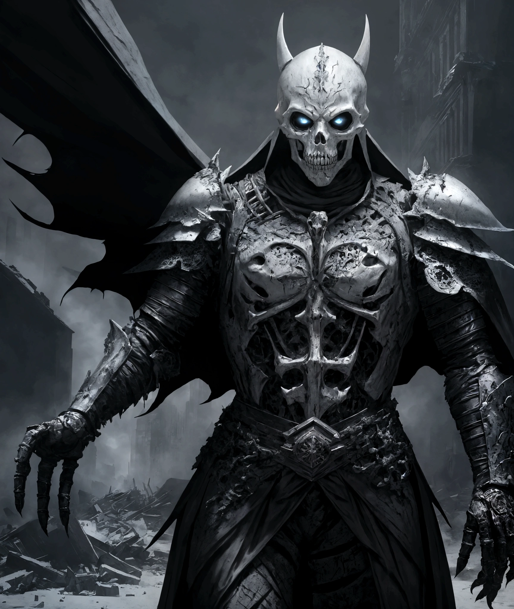 (extremely detailed 8k wallpaper), a medium shot photo of  Grim dressed as a scary masked bones-supervillain in an Gray armour made of white glowing armour from marvel, theme, intricate, high detail, dramatic, bones and destroyed buildings in the background