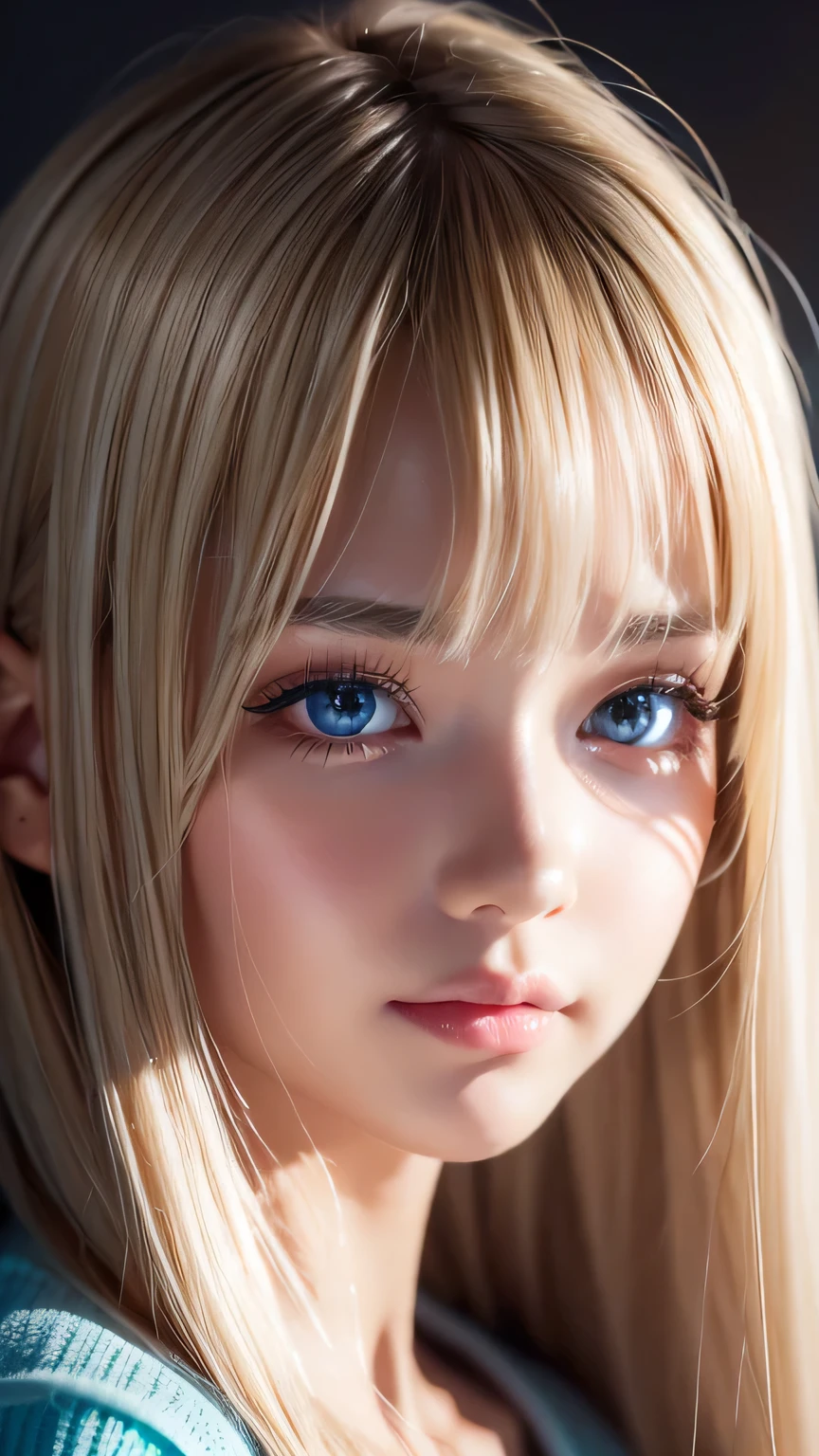 Dressed、(Photorealistic:1.4)、(ハイパーRealistic:1.4)、(Realistic:1.3)、(Smooth lighting:1.05)、(Improved cinematic lighting quality:0.9)、32k、1 Girl、A beautiful woman、Very cute expression、A beautiful 15 year old blonde girl、bangs that fall on the face、Bangs left over the eyeessy bangs between the eyes and nose、Realistic top lighting、Backlight、Face Light、Super long silky platinum hair、Blonde rays、(Bright light:1.2)、(quality improvement:1.4)、(Highest quality realistic textured skin:1.4)、Very beautiful, detailed, shiny, very bright, mint blue, large eyes、Very big eyes、Detailed face、A careful eye for quality、(Tired, sleepy and satisfied: 0.0)、Face close up、T-Shirts、(Enhances the body line:1.1)、(Enhances the beauty of skin texture:1.1)、Cheek gloss highlighter、Small Face Beauty、Round face