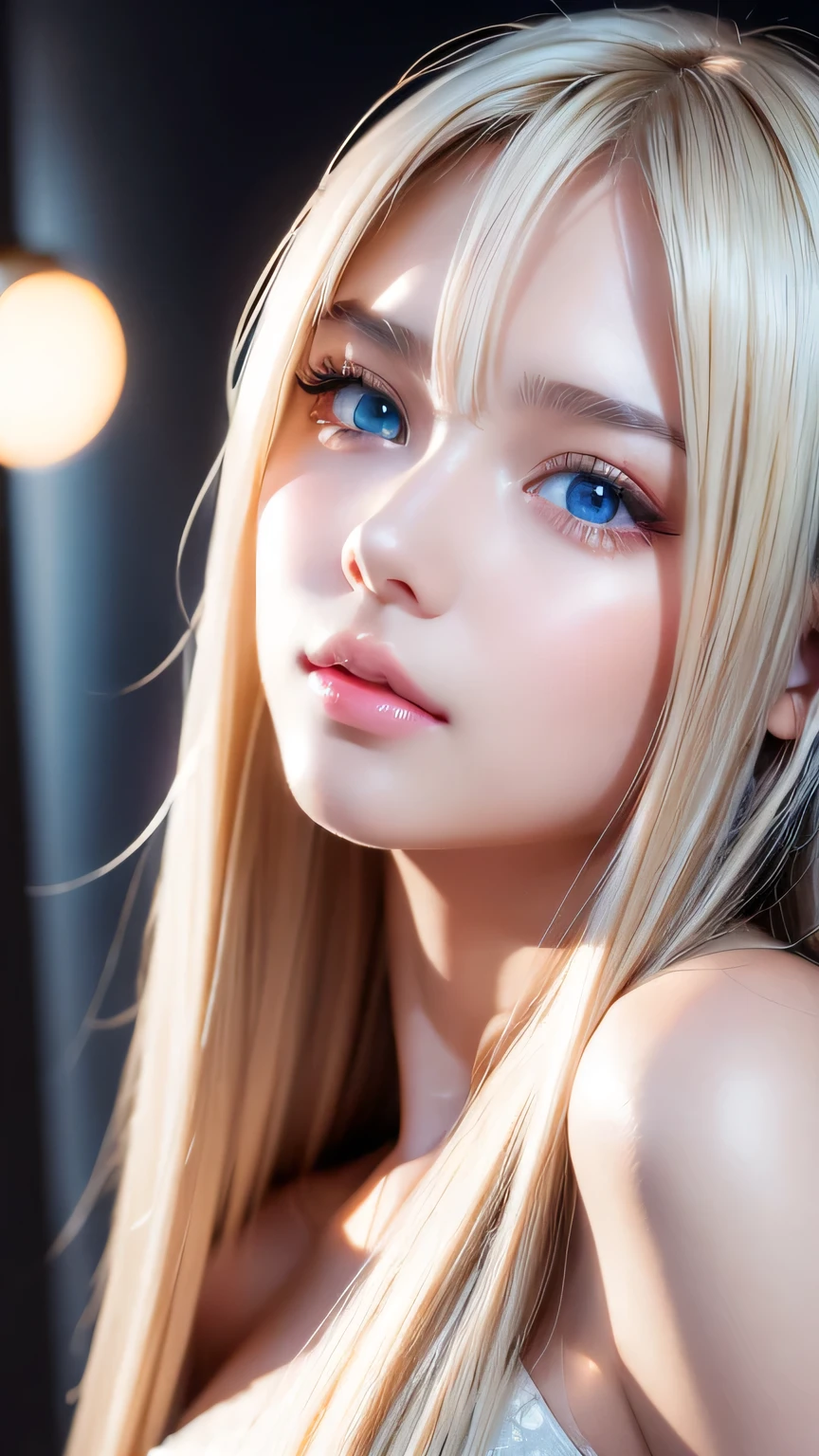 Dressed、(Photorealistic:1.4)、(ハイパーRealistic:1.4)、(Realistic:1.3)、(Smooth lighting:1.05)、(Improved cinematic lighting quality:0.9)、32k、1 Girl、A beautiful woman、Very cute expression、A beautiful 15 year old blonde girl、bangs that fall on the face、Bangs left over the eyeessy bangs between the eyes and nose、Realistic top lighting、Backlight、Face Light、Super long silky platinum hair、Blonde rays、(Bright light:1.2)、(quality improvement:1.4)、(Highest quality realistic textured skin:1.4)、Very beautiful, detailed, shiny, very bright, mint blue, large eyes、Very big eyes、Detailed face、A careful eye for quality、(Tired, sleepy and satisfied: 0.0)、Face close up、T-Shirts、(Enhances the body line:1.1)、(Enhances the beauty of skin texture:1.1)、Cheek gloss highlighter、Small Face Beauty、Round face