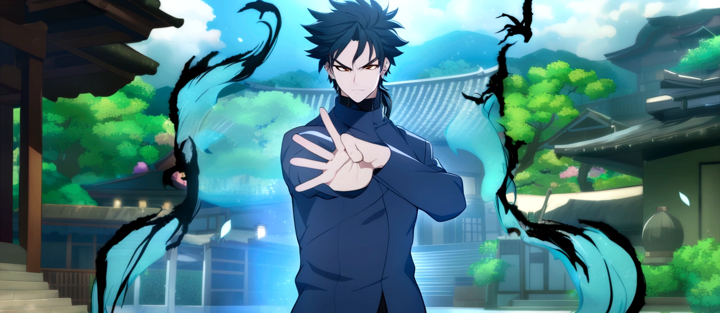 anime character with black hair and black pants standing in front of a building, otaku gangasta, inspired by Okumura Masanobu, okata kazuto, hijikata toushirou of gintama, with index finger, inspired by Munakata Shikō, trigger anime artstyle, handsome anime pose, hijikata toushirou