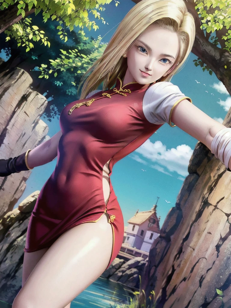 android 18,blonde hair,(((long hair))),blue eyes,((long slit red sexy cheongsam)), (Red),looking at the audience,face smile,close-up, portrait, river,rock, ,tree,blue sky,high quality,masterpiece,sexy body, 8K resolution, clean detailed faces,