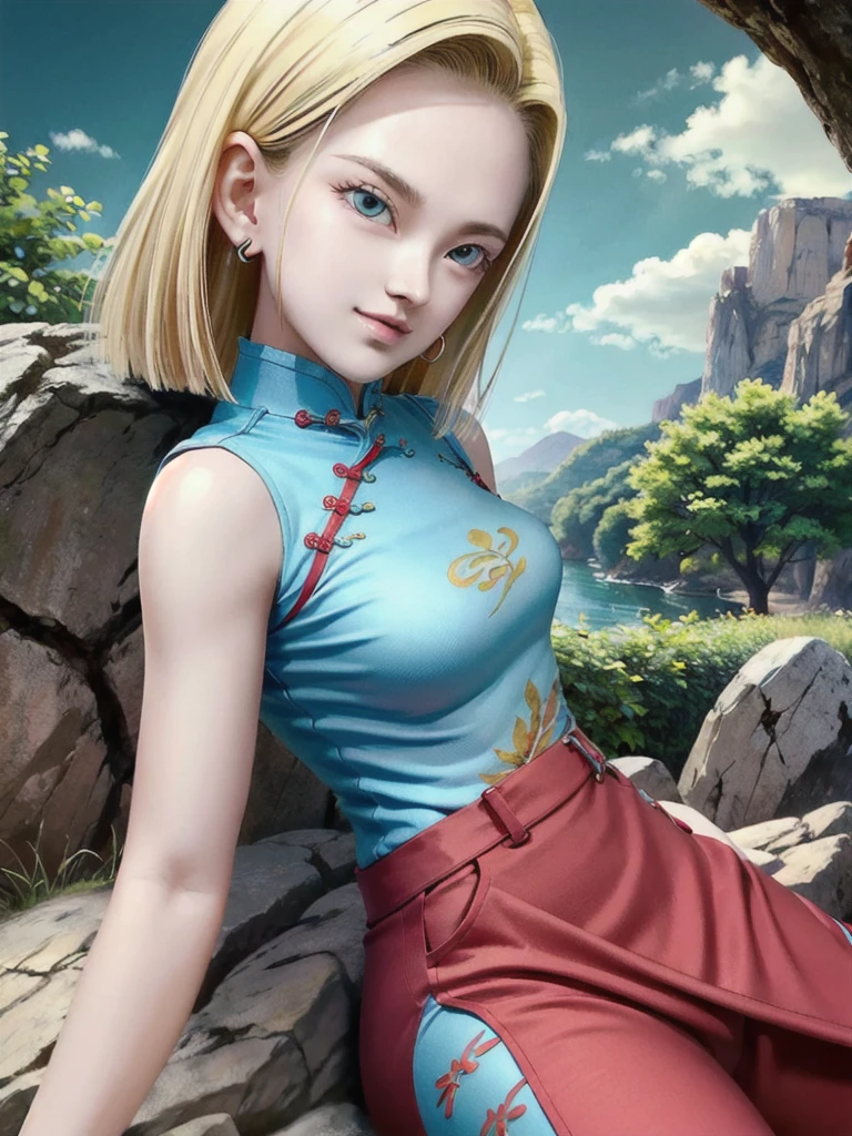 android 18,blonde hair,(((long hair))),blue eyes,((long slit red sexy cheongsam)), (Red),looking at the audience,face smile,close-up, portrait, river,rock, ,tree,blue sky,high quality,masterpiece,sexy body, 8K resolution, clean detailed faces,