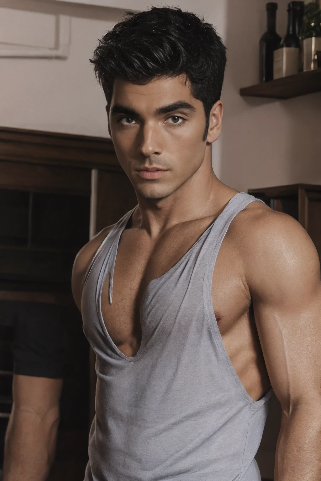 Taylor Zakhar Perez, ((masterpiece)), ((best quality:1.2)), High Resolution, 8k, full body portrait, (ultra_realistic:1.3), (photorealistic:1.4), sharp focus, 1boy, (perfect face), wide angle, handsome, (((wearing a stringer tank top with (extreme low-cut dropped side:1.4)))), (low-cut chest:1.3), ((looking at viewer:1.3)), 4k uhd, dslr, soft lighting, high quality, ((clean shaven:1.3))