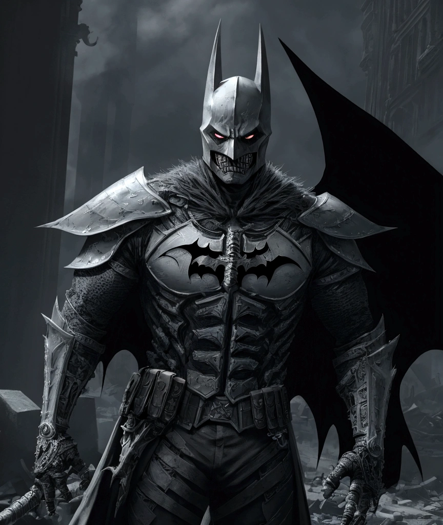 (extremely detailed 8k wallpaper), a medium shot photo of Grim dressed as a scary masked batman bones-supervillain in an Gray armour made of white glowing armour from marvel, theme, intricate, high detail, dramatic, bones and destroyed buildings in the background