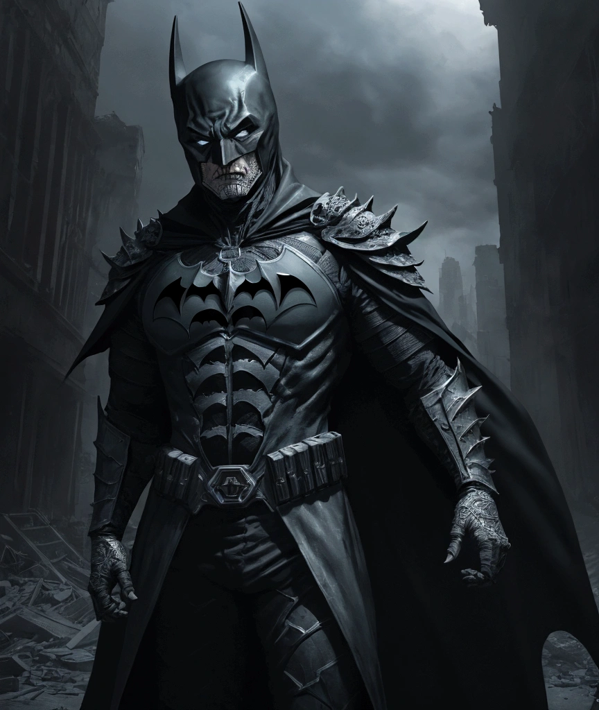 (extremely detailed 8k wallpaper), a medium shot photo of Grim dressed as a scary masked batman bones-supervillain in an Gray armour made of white glowing armour from marvel, theme, intricate, high detail, dramatic, bones and destroyed buildings in the background