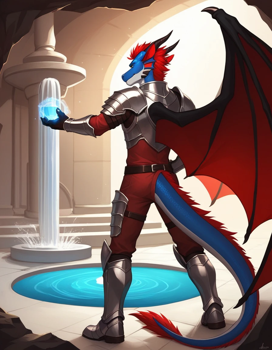 Solo, Score_9, score_8_up, score_7_up, source_cartoon, Anthro male, A black dragon, black dragon with red highlights on scales, black and red wings, blue eyes, short red hair, standing, wearing knights armor, standing in front of a giant magical golden fountain, in a cave, he looks amazed, looking at the fountain, magic blue water, in a dark cave, rear view of him, looking away,