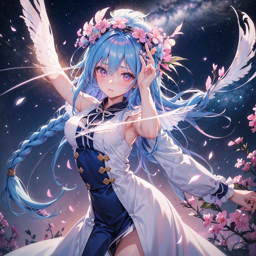 Sky blue hair, (One braided ponytail),(Pink Eyes),Fair skin ,(whole body),(One girl),The goddess,Orihime,(Sky Yue),Tanabata,(The Milky Way in the night sky),Hollow Eyes,Blushing,Straight bangs,(masterpiece, Highest quality, Very detailed, Best Shadow), (Detailed Background), (Beautifully detailed face), High Contrast, (Best lighting, Very delicate and beautiful), ((Cinematic Light)), colorful, Hyper Detail, Dramatic Light, Intricate details,Open your arms