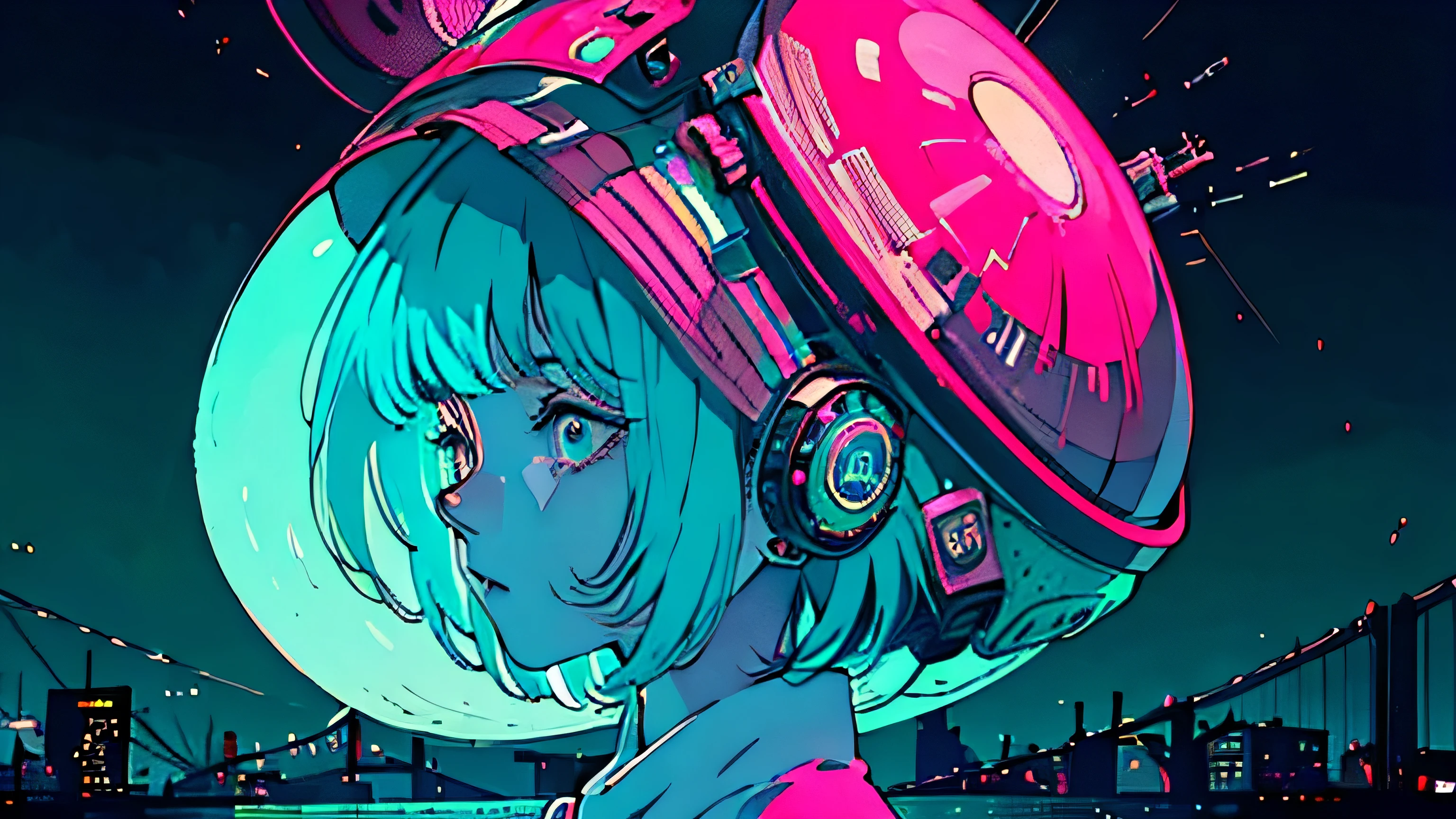 best qualityer, 4 k wallpaper, work of art, Extremely detailed CG 8k unity wallpaper, extremely detailed eyes, ultra detali, details Intricate, lofi style, citys, night environment with glowing flying saucer, green colors, Pink, dark blue, and lo-fi cool tones.