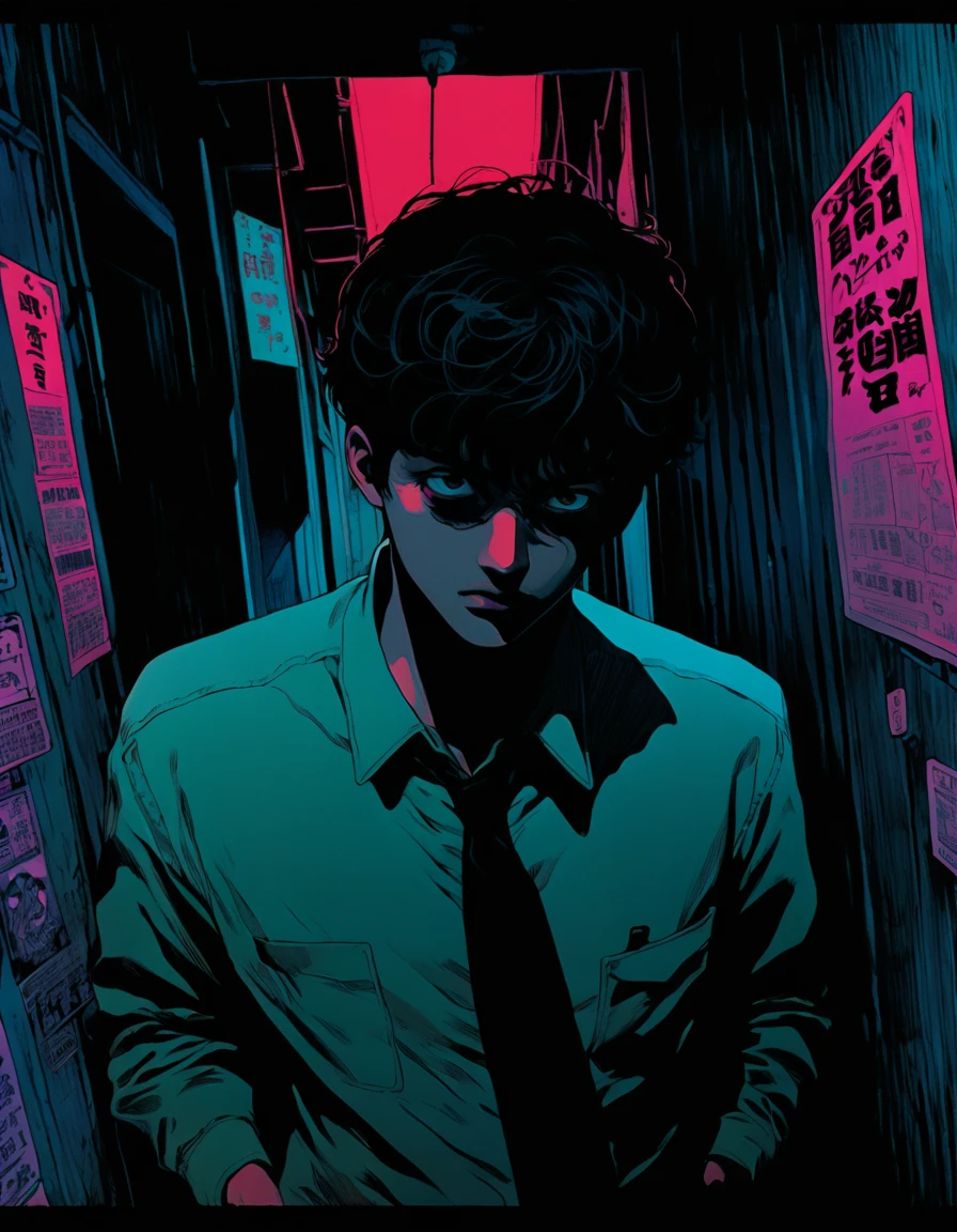 illust、art、from 80s horror movie, directed by Junji Ito、darkness、Young Man investigator, Alley、nightmare、anxiety、high detail, realsitic shadow、Analog style, vhs style, 8mm film, chromatic aberration, Dvd screengrab、Surrealism