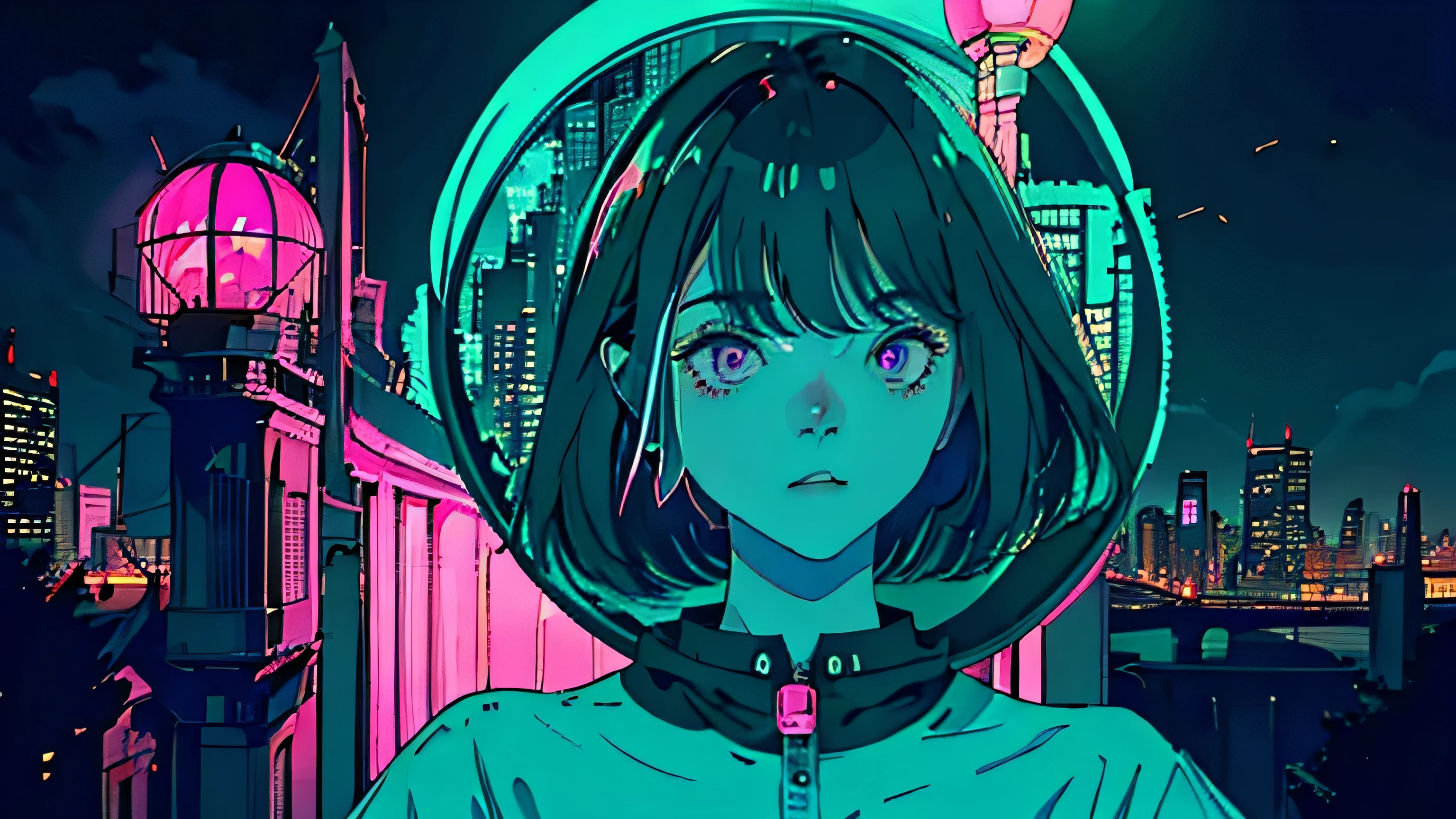 best qualityer, 4 k wallpaper, work of art, Extremely detailed CG 8k unity wallpaper, extremely detailed eyes, ultra detali, details Intricate, lofi style, citys, night environment with glowing flying saucer, green colors, Pink, dark blue, and lo-fi cool tones.