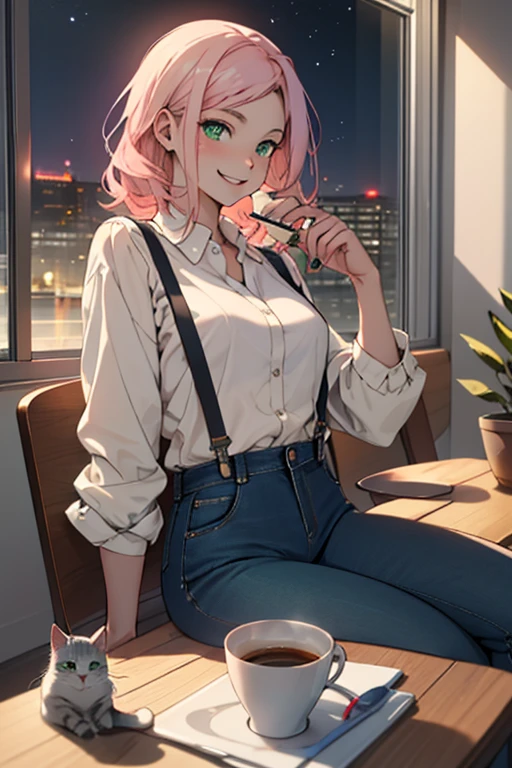 anime girl 26 years old yellow blouse suspenders blue denim pants landscape luxurious apartment looking out the window towards a night city with pale pink hair green eyes and a white cat on her lap blue nails white walls cup of coffee on the table cat looking at the girl smiling