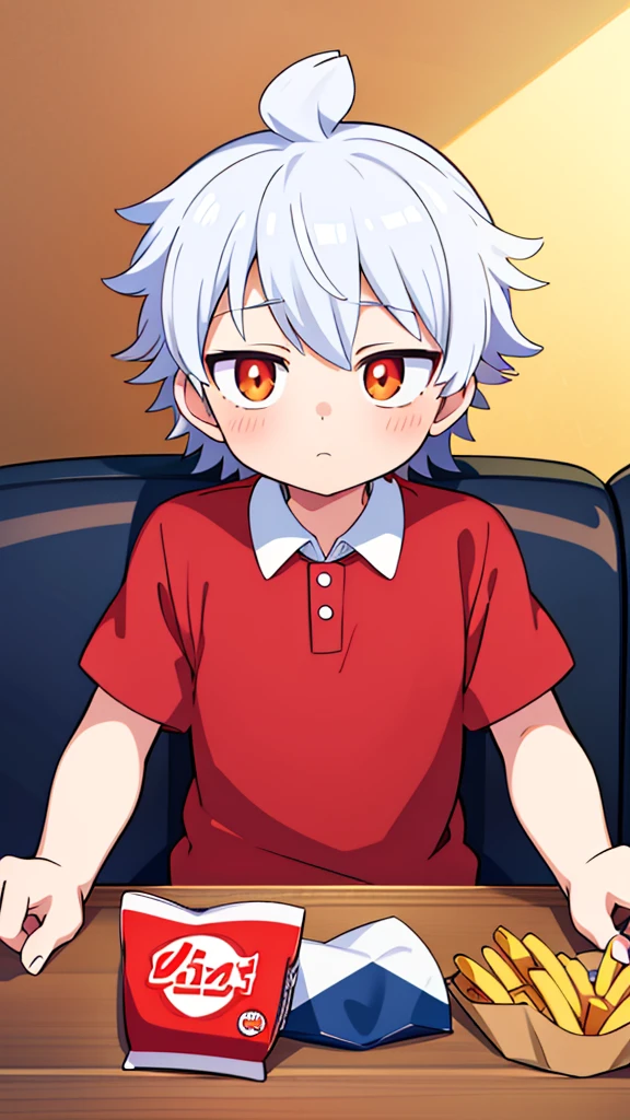 anime boy eating a box of fries while sitting on a couch, with index finger, kaworu nagisa, anime food, relaxed dwarf with white hair, 🍁 cute, cute anime, official art, with fries, ❤🔥🍄🌪, eating chips and watching tv, nagito komaeda, pin on anime, anime boy, 8k!