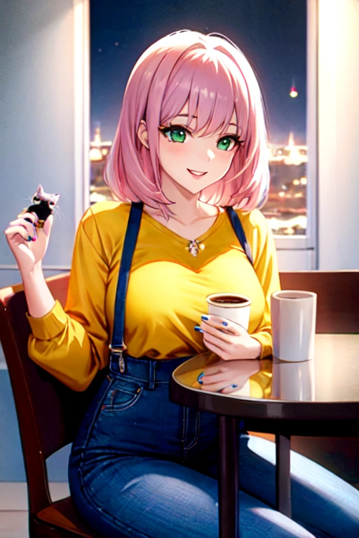 anime girl 26 years old yellow blouse suspenders blue denim pants landscape luxurious apartment looking out the window towards a night city with pale pink hair green eyes and a white cat on her lap blue nails white walls cup of coffee on the table cat looking at the girl smiling