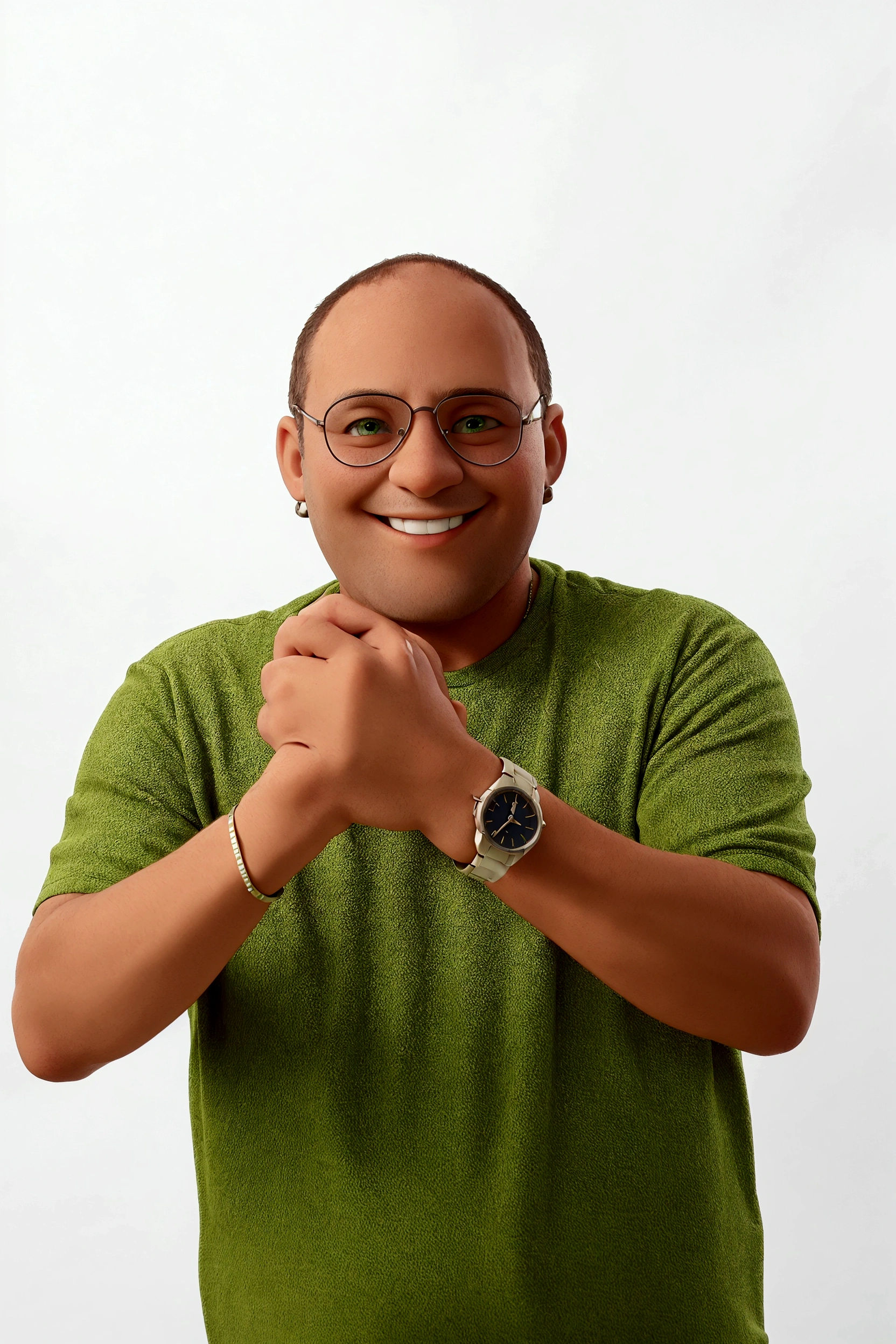 Smiling man in green shirt with watch on wrist and bracelet