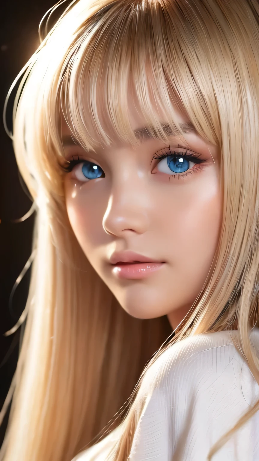 Dressed、(Photorealistic:1.4)、(ハイパーRealistic:1.4)、(Realistic:1.3)、(Smooth lighting:1.05)、(Improved cinematic lighting quality:0.9)、32k、1 Girl、A beautiful woman、Very cute expression、A beautiful 15 year old blonde girl、bangs that fall on the face、Bangs left over the eyeessy bangs between the eyes and nose、Realistic top lighting、Backlight、Face Light、Super long silky platinum hair、Blonde rays、(Bright light:1.2)、(quality improvement:1.4)、(Highest quality realistic textured skin:1.4)、Very beautiful, detailed, shiny, very bright, mint blue, large eyes、Very big eyes、Detailed face、A careful eye for quality、(Tired, sleepy and satisfied: 0.0)、Face close up、T-Shirts、(Enhances the body line:1.1)、(Enhances the beauty of skin texture:1.1)、Cheek gloss highlighter、Small Face Beauty、Round face