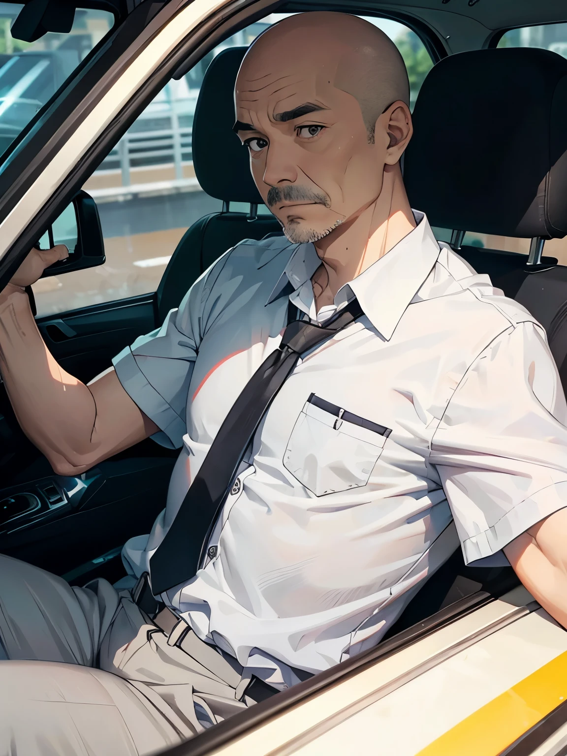 47-year-old taxi driver、Are thin、Bald、White shirt、tie、Grey slacks、Detailed facial expressions、driving seat、
