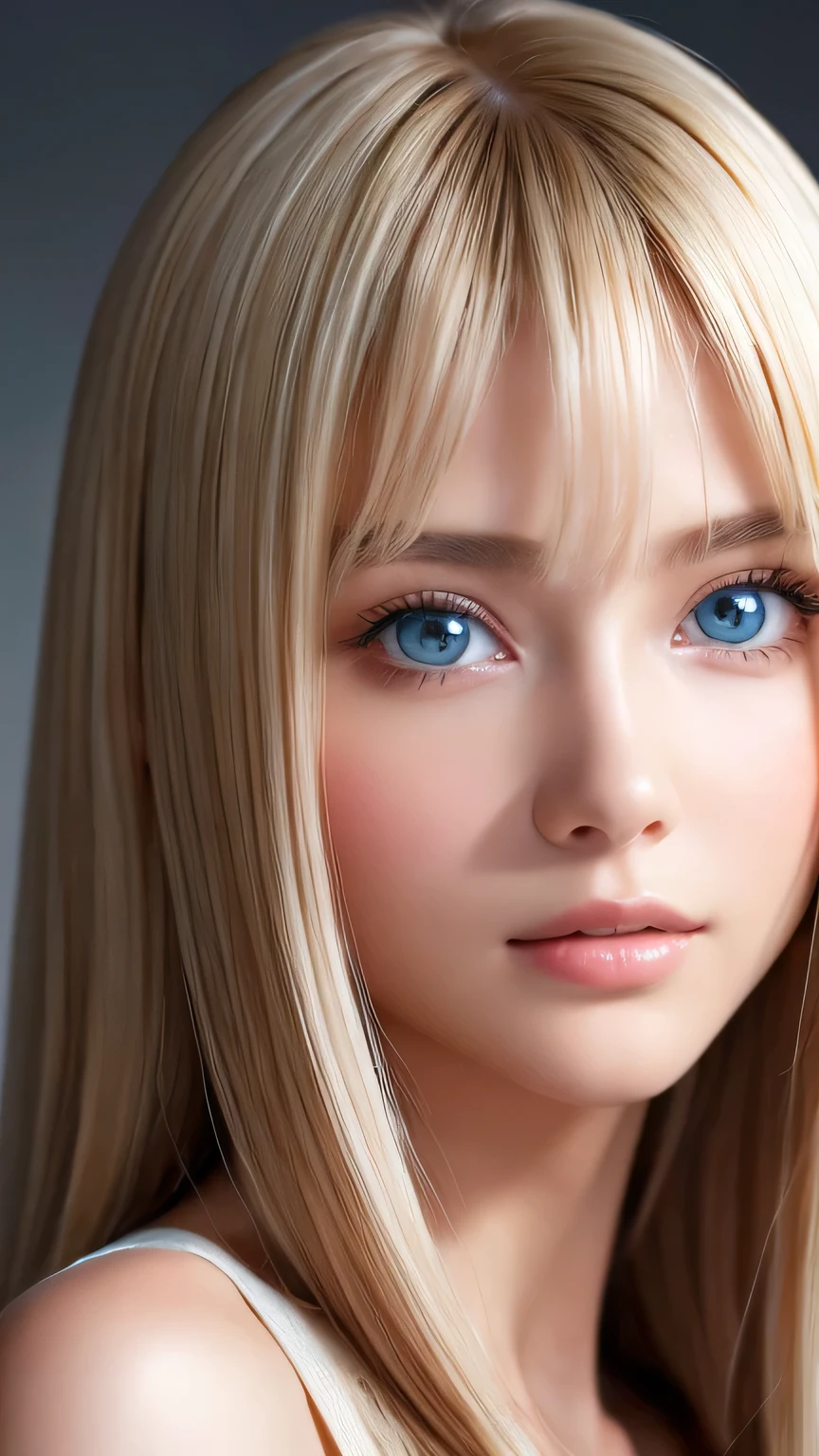 Dressed、(Photorealistic:1.4)、(ハイパーRealistic:1.4)、(Realistic:1.3)、(Smooth lighting:1.05)、(Improved cinematic lighting quality:0.9)、32k、1 Girl、A beautiful woman、Very cute expression、A beautiful 15 year old blonde girl、bangs that fall on the face、Bangs left over the eyeessy bangs between the eyes and nose、Realistic top lighting、Backlight、Face Light、Super long silky platinum hair、Blonde rays、(Bright light:1.2)、(quality improvement:1.4)、(Highest quality realistic textured skin:1.4)、Very beautiful, detailed, shiny, very bright, mint blue, large eyes、Very big eyes、Detailed face、A careful eye for quality、(Tired, sleepy and satisfied: 0.0)、Face close up、T-Shirts、(Enhances the body line:1.1)、(Enhances the beauty of skin texture:1.1)、Cheek gloss highlighter、Small Face Beauty、Round face