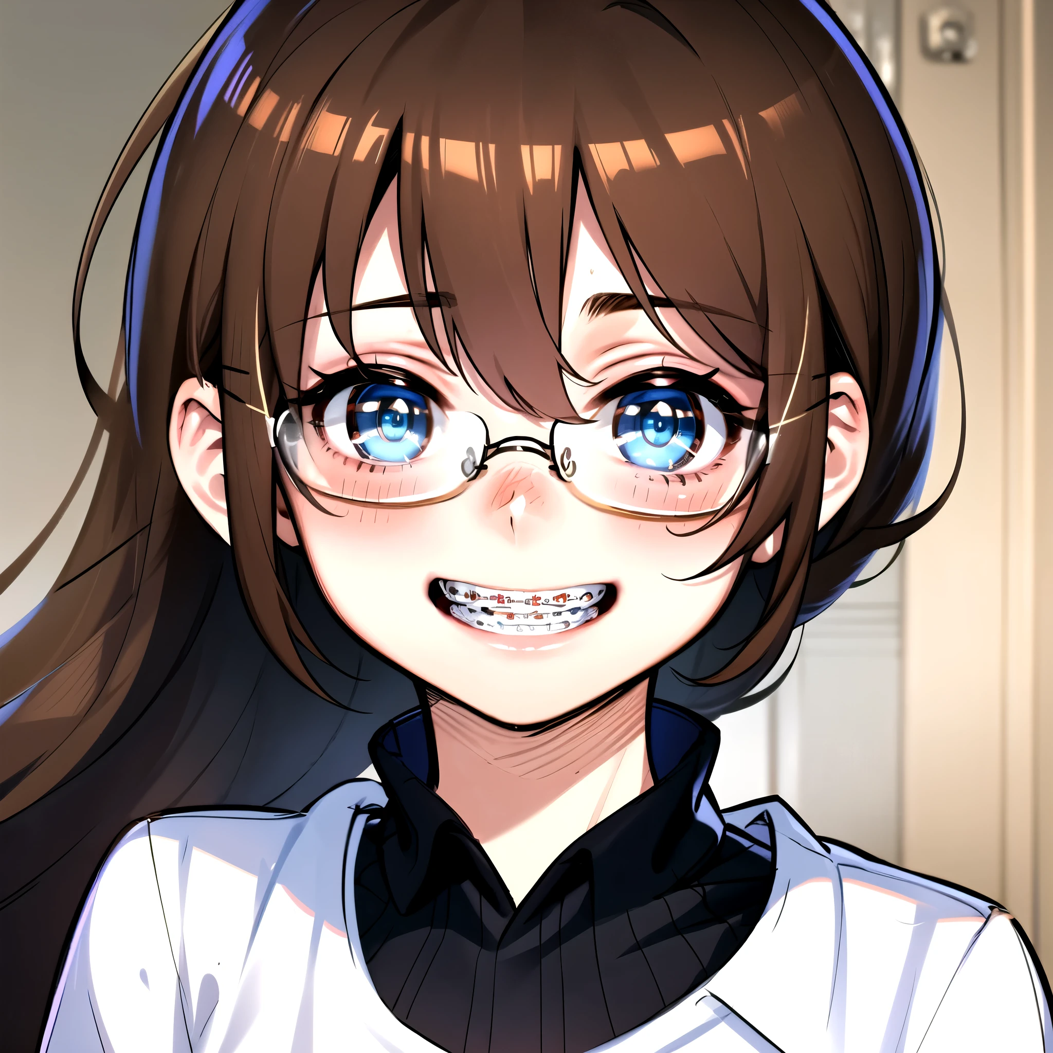 1girl, seductive eyes, braces, glasses, smiling, cute, face focus, blue eyes, blush, brown hair, best quality, masterpiece, highres