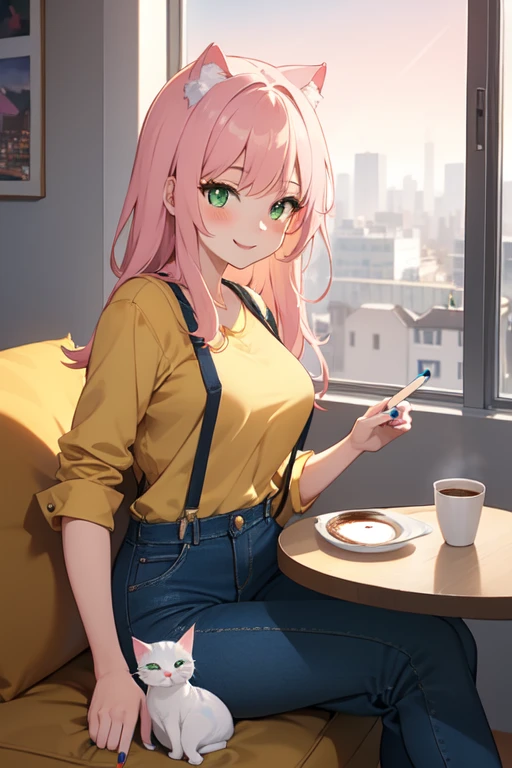 anime girl 26 years old yellow blouse suspenders blue denim pants landscape luxurious apartment looking out the window towards a night city with pale pink hair green eyes and a white cat on her lap blue nails white walls cup of coffee on the table cat looking at the girl smiling