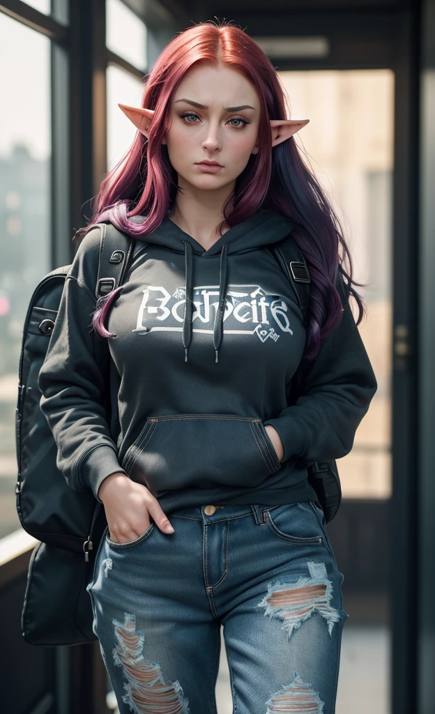 (masterpiece), (extremely intricate:1.3), (realistic), portrait of a girl, huge and perfect breasts, the most beautiful in the world, dark eyebrows, bright purple hair, (Sophie turner:1.3), scowl, (annoyed pout:1.2), blushing heavily, (oversized baggy cosy hoodie), (ripped baggy jeans), (canvas sneakers), (backpack), (elf ears:1.1), detailed textures, indoors, bright sunlight, classroom hallway, professional photograph of a stunning woman detailed, looking at the camera, alluring stare, detailed eyes, sharp focus, dramatic, award winning, cinematic lighting, octane render  unreal engine,  volumetrics dtx, (film grain, blurry background, blurry foreground, bokeh, depth of field, motion blur:1.3)