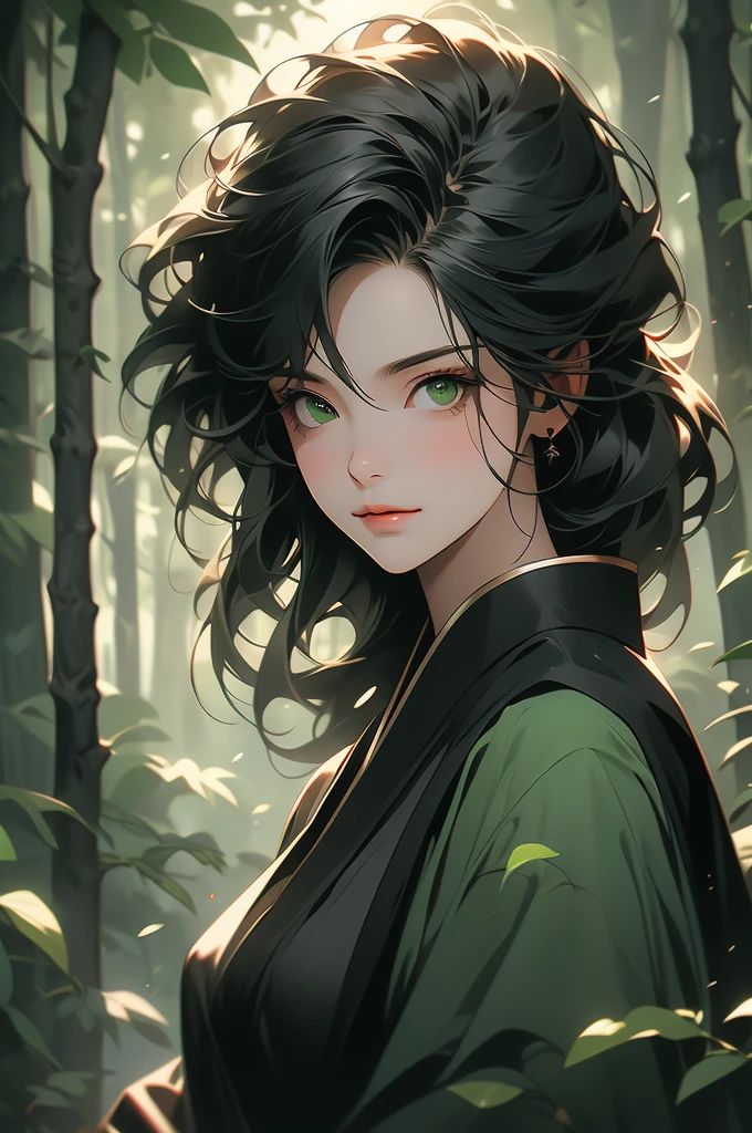 1girl, dark forest, night, stick over shoulder, straight black hair, fringe, green eyes, smirk, black robe
