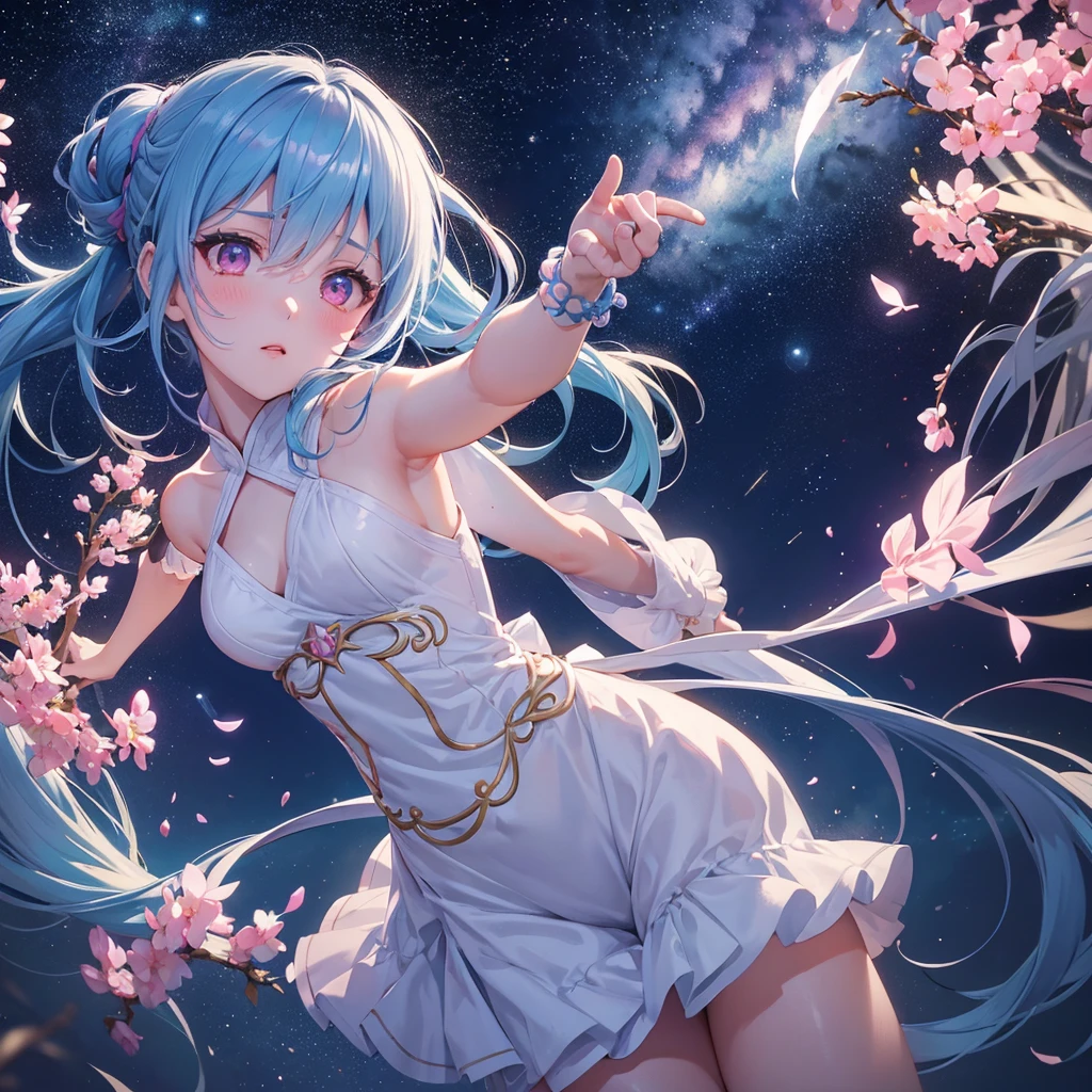 Sky blue hair, (One braided ponytail),(Pink Eyes),Fair skin ,(whole body),(One girl),The goddess,Orihime,(Sky Yue),Tanabata,(The Milky Way in the night sky),Hollow Eyes,Blushing,Straight bangs,(masterpiece, Highest quality, Very detailed, Best Shadow), (Detailed Background), (Beautifully detailed face), High Contrast, (Best lighting, Very delicate and beautiful), ((Cinematic Light)), colorful, Hyper Detail, Dramatic Light, Intricate details,Open your arms